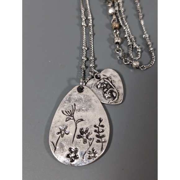 Boho Silver Tone Flower Teardrop Heart Charm Long Necklace 36" - Picture 1 of 7